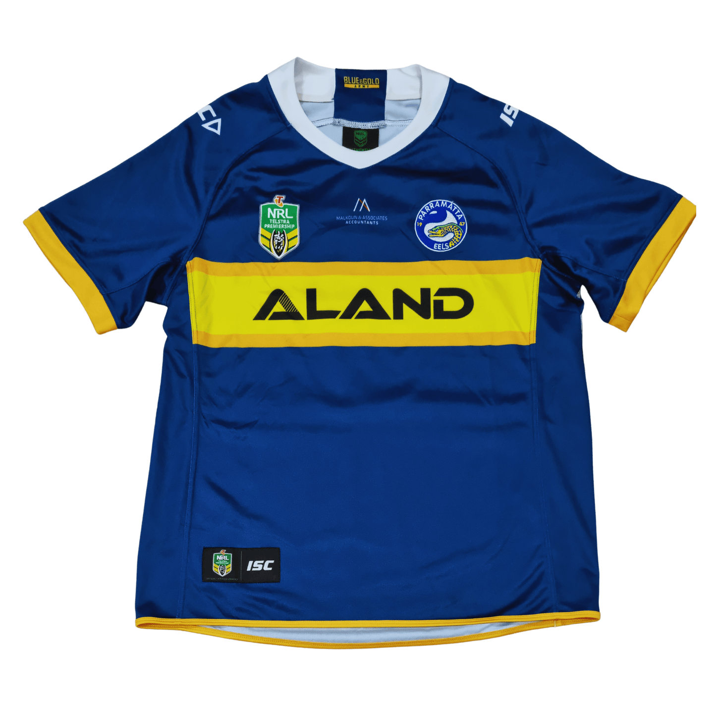 A blue and yellow ISC Parramatta Eels 2018 Foundation Jersey with the word aland on it, in Mens size 2X-Large.