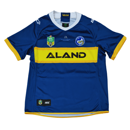 A blue and yellow ISC Parramatta Eels 2018 Foundation Jersey with the word aland on it, in Mens size 2X-Large.