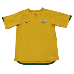 A yellow Nike Australia 2006 Home jersey with green and yellow stripes.