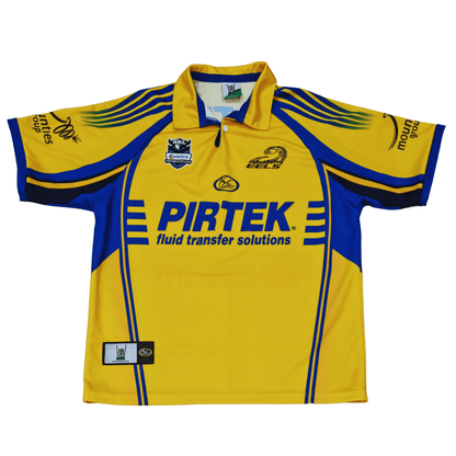 An ISC Men's size X-Large 2007 Home Jersey of the Parramatta Eels, featuring a yellow and blue design with a logo.