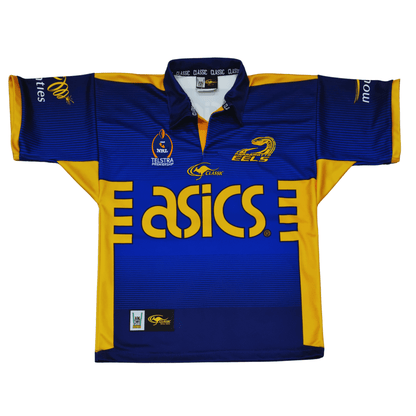 A Parramatta Eels 2004-06 Alternate Jersey with blue and yellow colors and the word Classic on it.