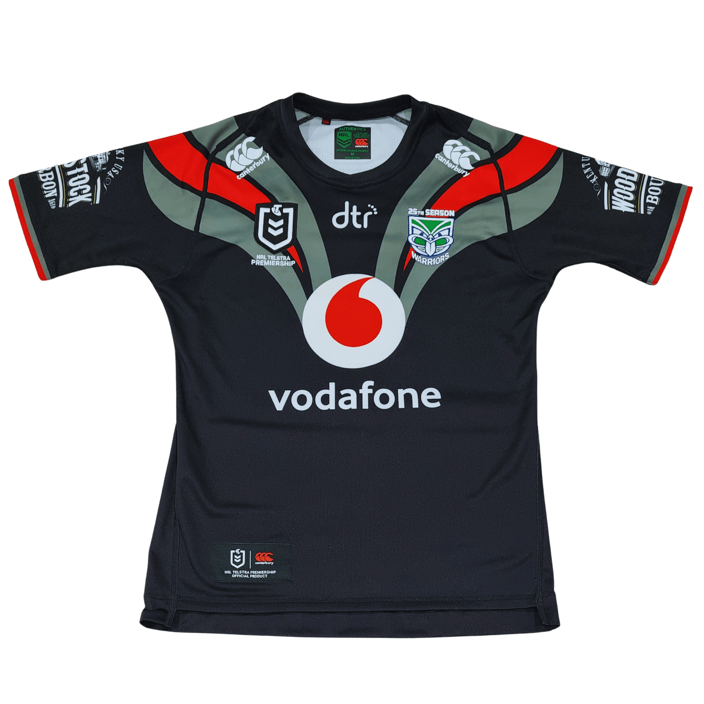 A men's size medium, black and red Canterbury New Zealand Warriors 2019 Away jersey with the word Vodafone prominently displayed.
