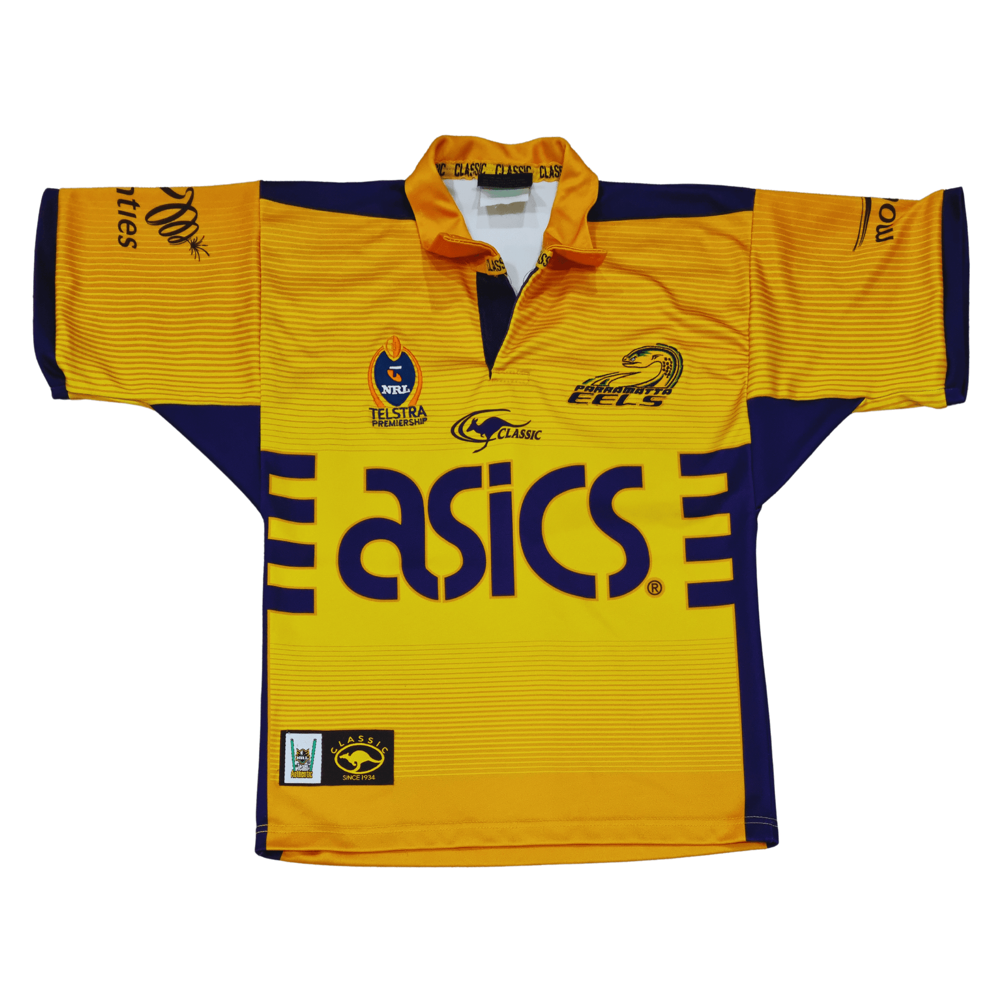 A yellow and purple Classic Parramatta Eels 2004-06 Home Jersey in mens size with the word asics on it.