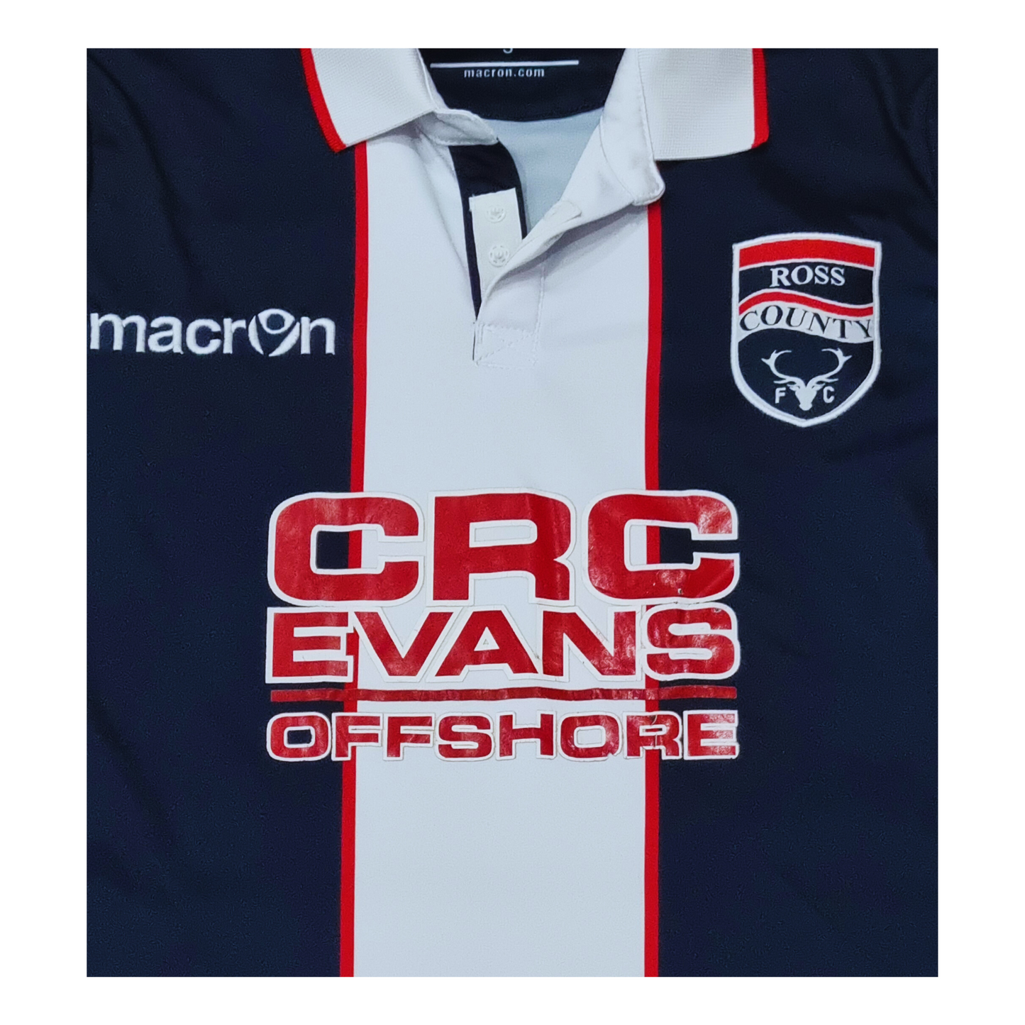 Small Macron Ross County 2016/17 Home Jersey featuring the iconic Crc evans logo.