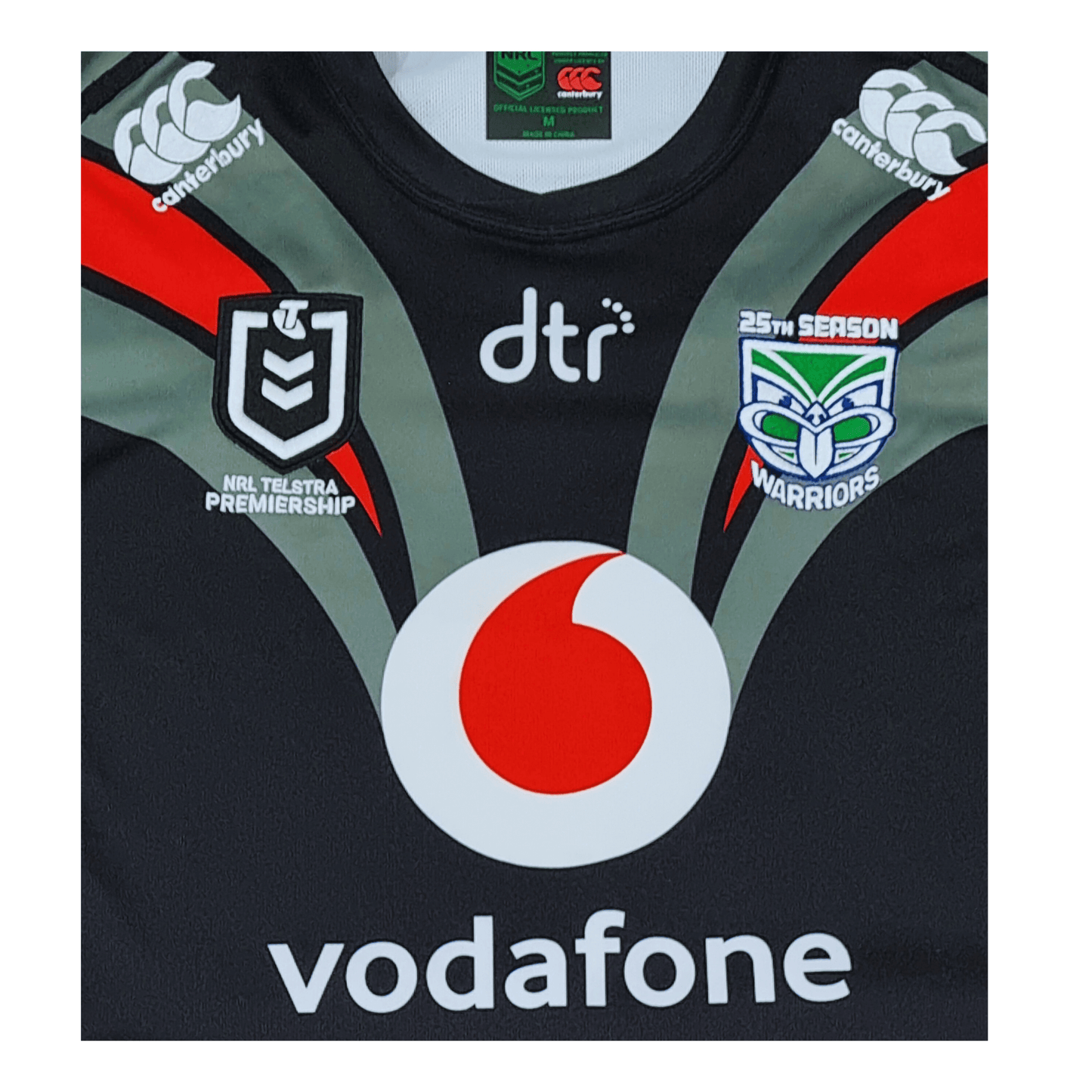A New Zealand Warriors 2019 Away Jersey with a Vodafone logo on it.