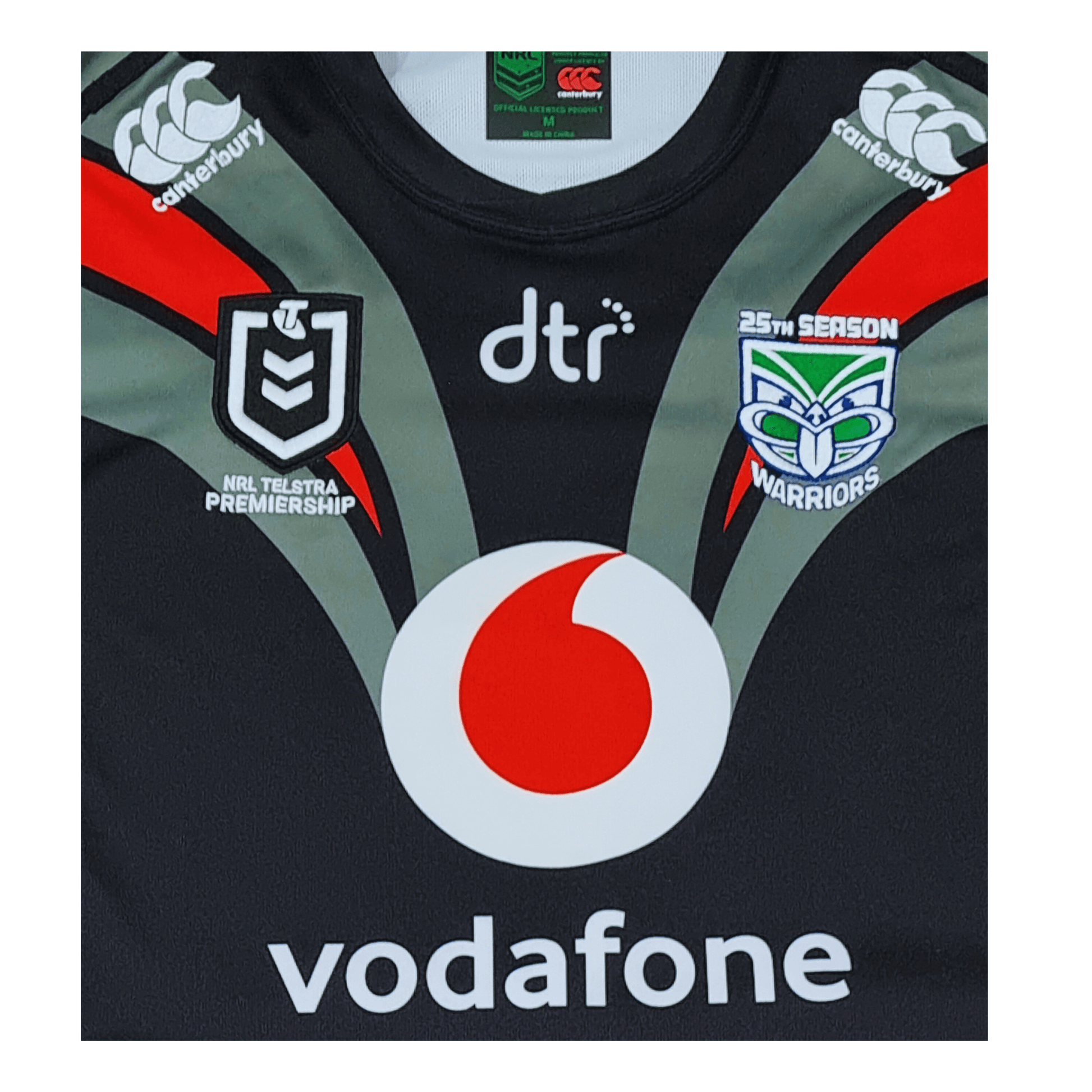 A New Zealand Warriors 2019 Away Jersey with a Vodafone logo on it.