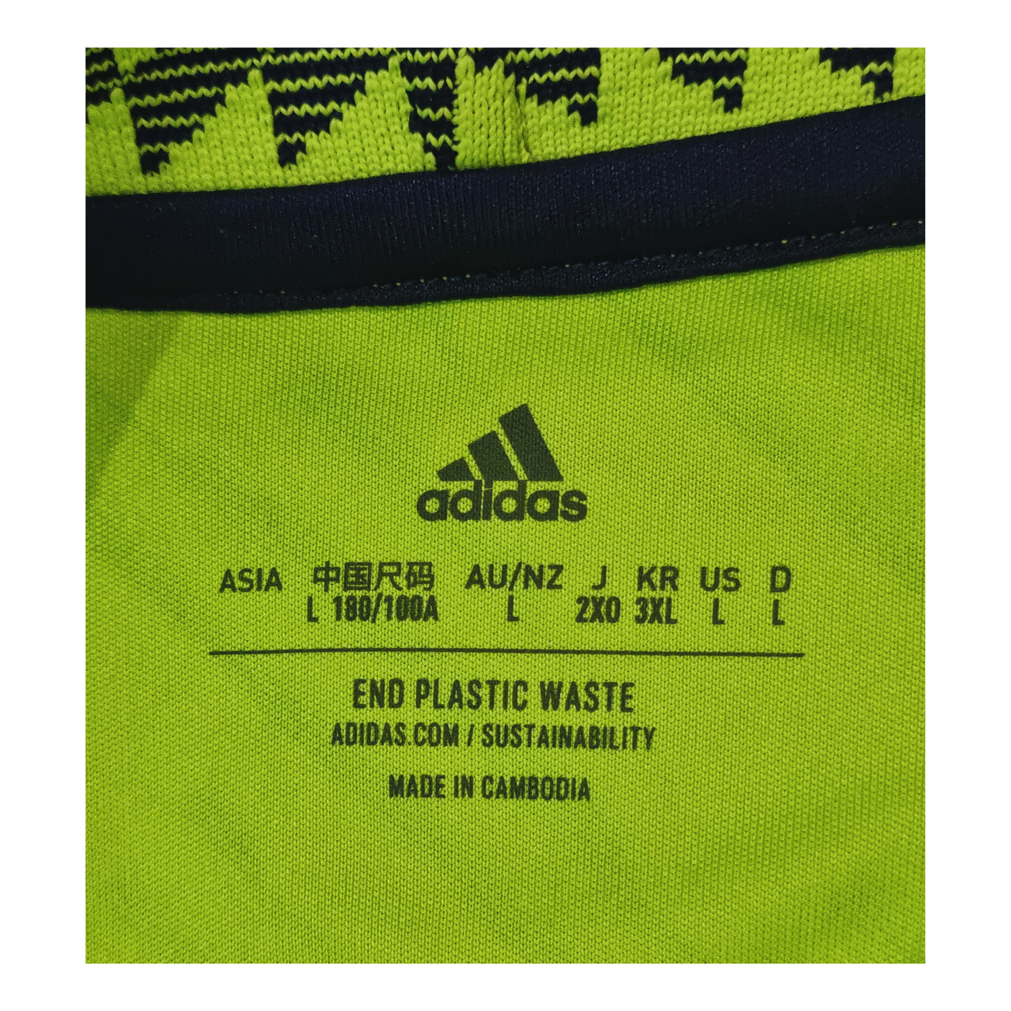 The label on the back of an Adidas Manchester United 2022/23 Third Jersey.