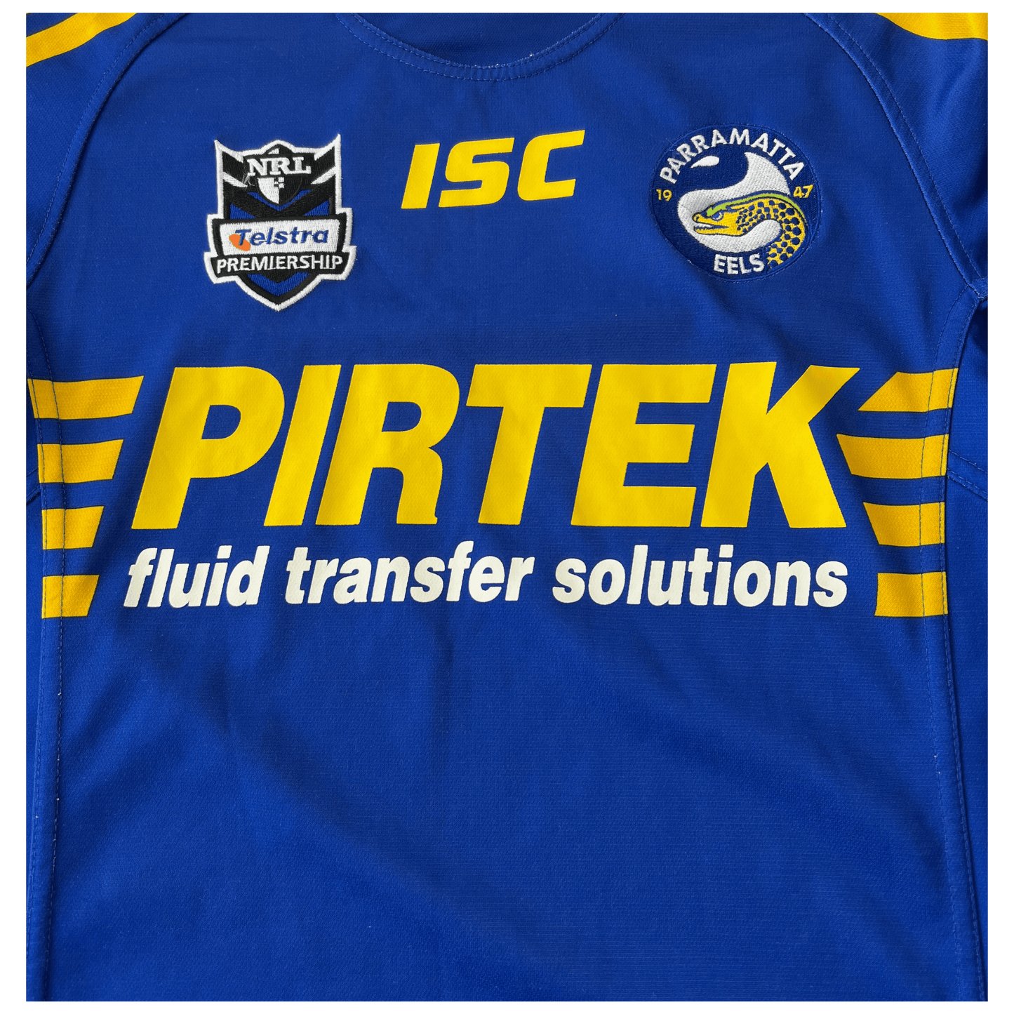 A vintage ISC Parramatta Eels 2011 Home Jersey with the words pritek fluid transfer solutions on it.